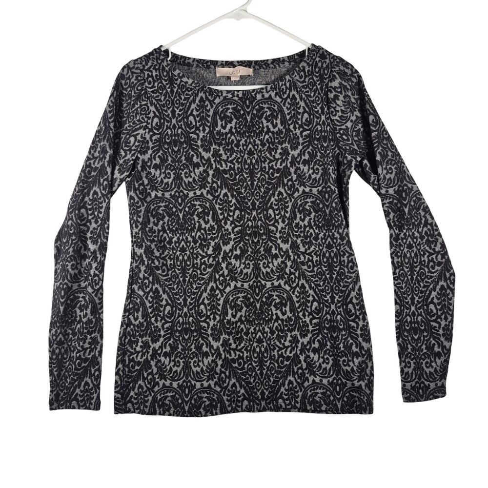 Loft NWT Womens Small Long Sleeve Black/Gray Floral Knit Top Stretch